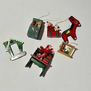 VTG 80s Wooden Christmas Ornament Lot, 6pc-Toy Bench, Chest, ect